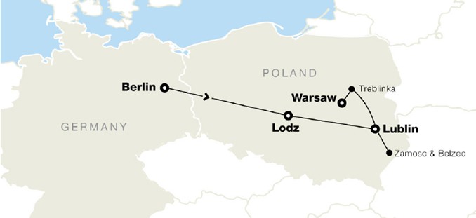 Map showing locations of 2027 European Study Tour which travels to Berlin, Lodz, Lublin, Zamosc, and Warsaw with stops at Belzec, Majdanek, and Treblinka.